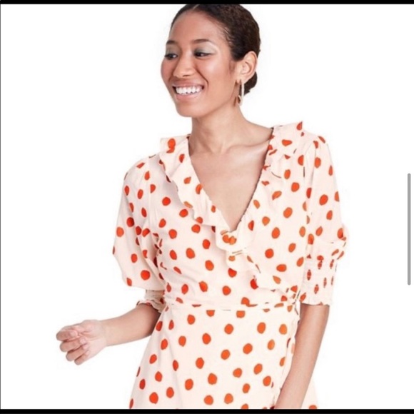 Rixo Polka Dot Puff Sleeve Ruffle Wrap Dress - Picture 5 of 7
